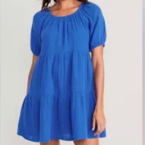 Old Navy Dresses & Skirts - Puff-Sleeve Tiered Mini Swing Dress Old Navy  Saphire Blue NWT L